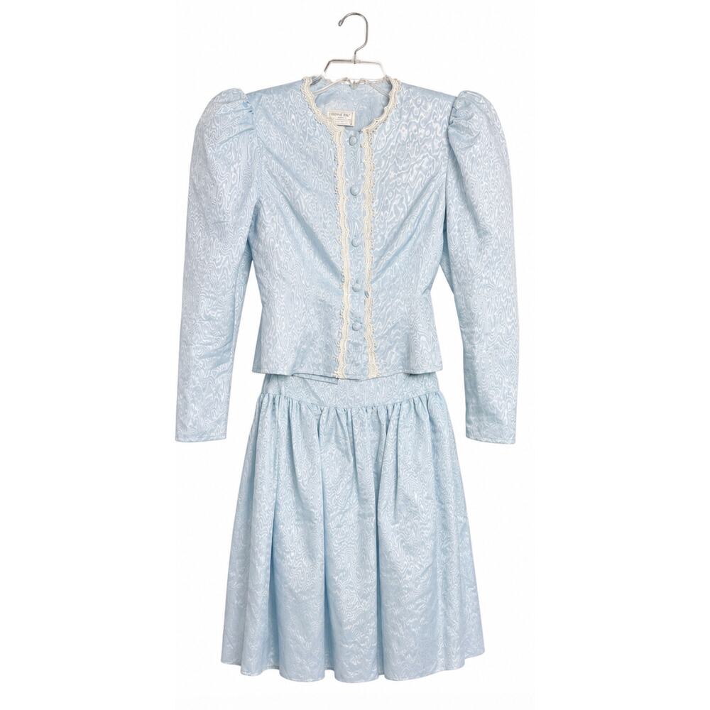 Vintage 80s Gunne Sax Skirt Suit Set Sz 7 Blue Moiré Lace Trim Cottagecore